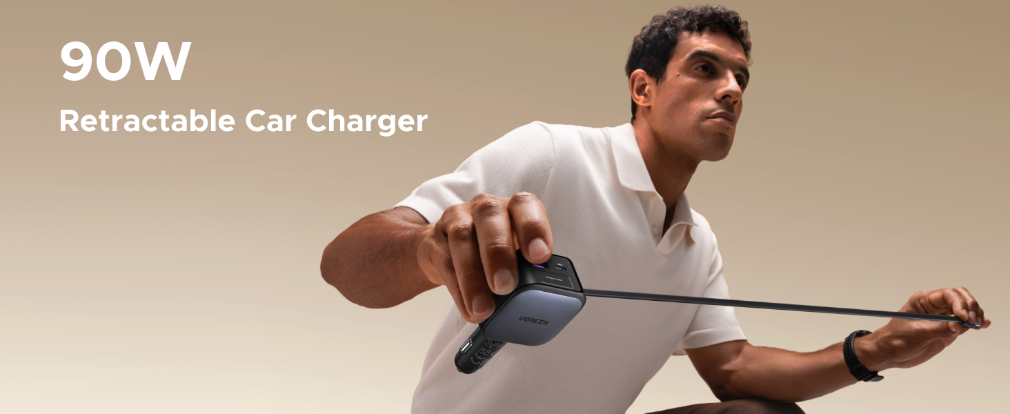 UGREEN 55909B 90W Fast Car Charger with Retractable Cable - Retractable USB-C Cable