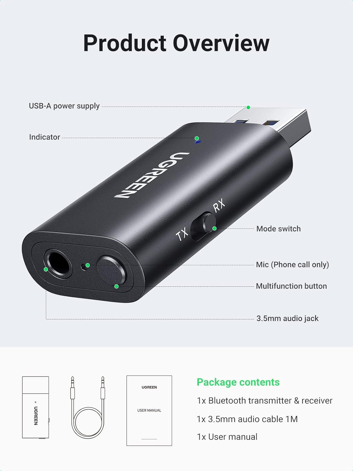 UGREEN 60300 USB 2.0 to 3.5mm Bluetooth Transmitter/Receiver - image 6