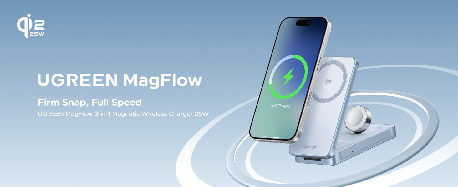 UGREEN 65901 25W Qi2 MagFlow 3-in-1 Magnetic Wireless Charger - Three Devices, One Stand