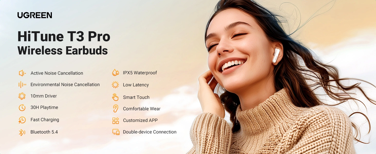 UGREEN 35725 HiTune T3 Pro ANC Wireless Earbuds - Noise Cancelling