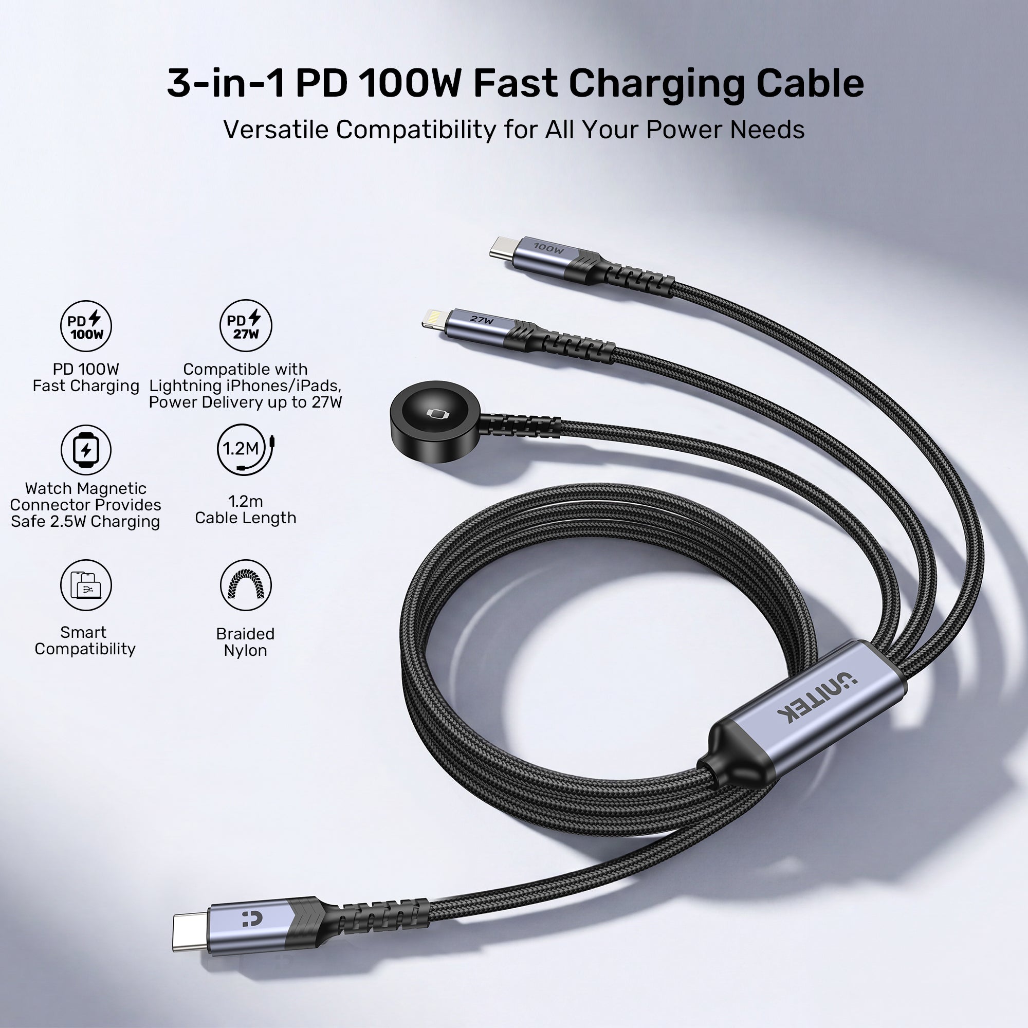 UNITEK C14180AGY01-1.2M 3-in-1 PD 100W Fast Charging Cable - image 3