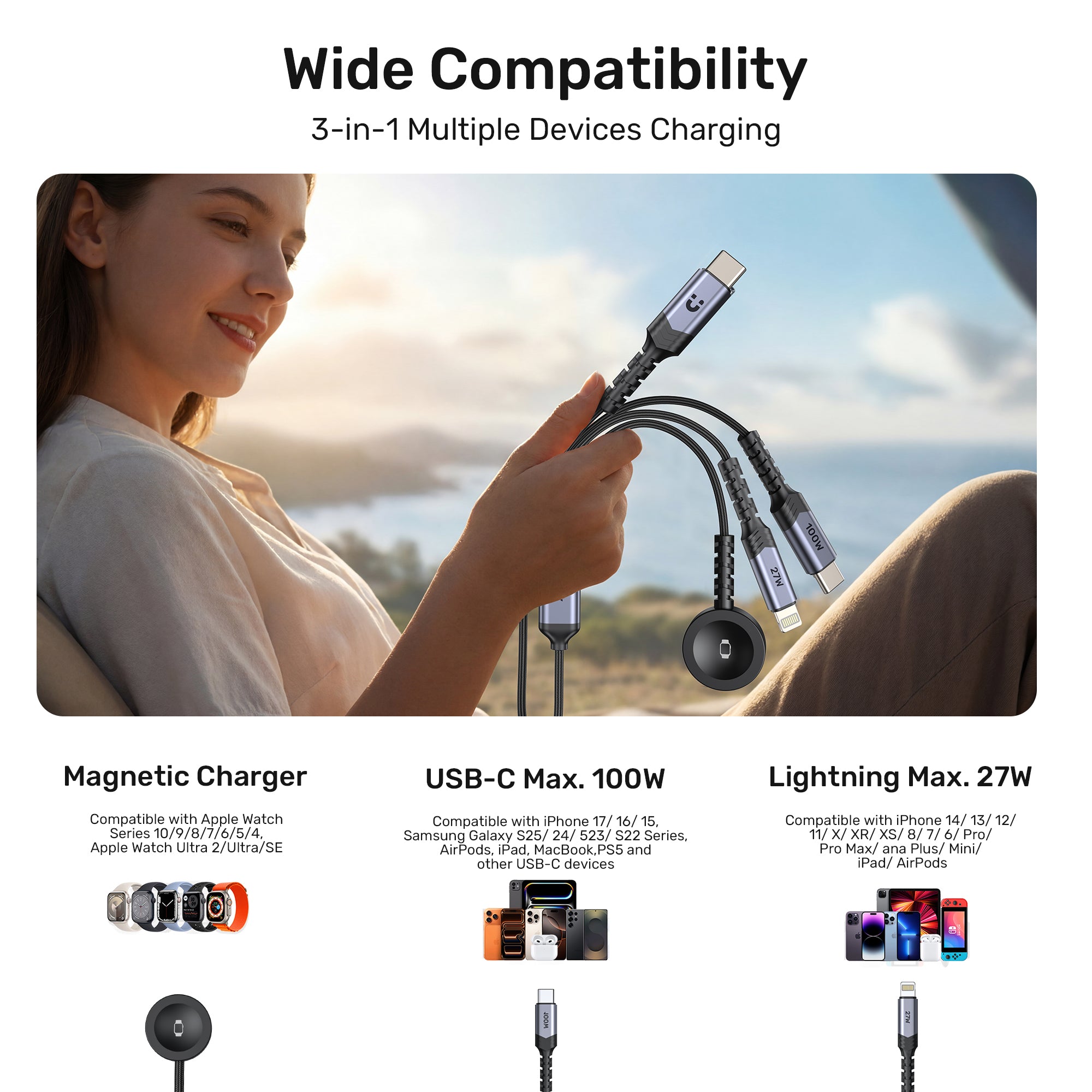 UNITEK C14180AGY01-1.2M 3-in-1 PD 100W Fast Charging Cable - image 5