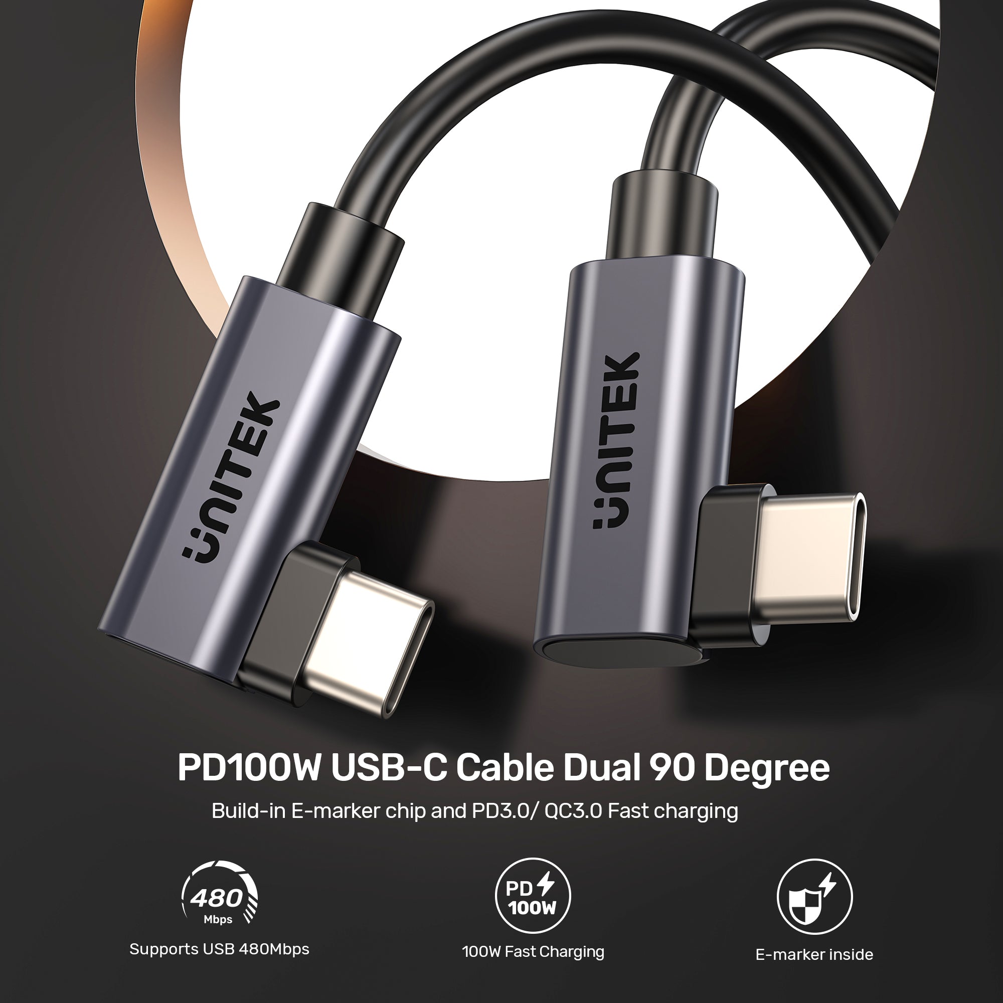 UNITEK C14147ABK01-1M PD 100W USB-C Cable Dual 90 Degree 1M - image 4