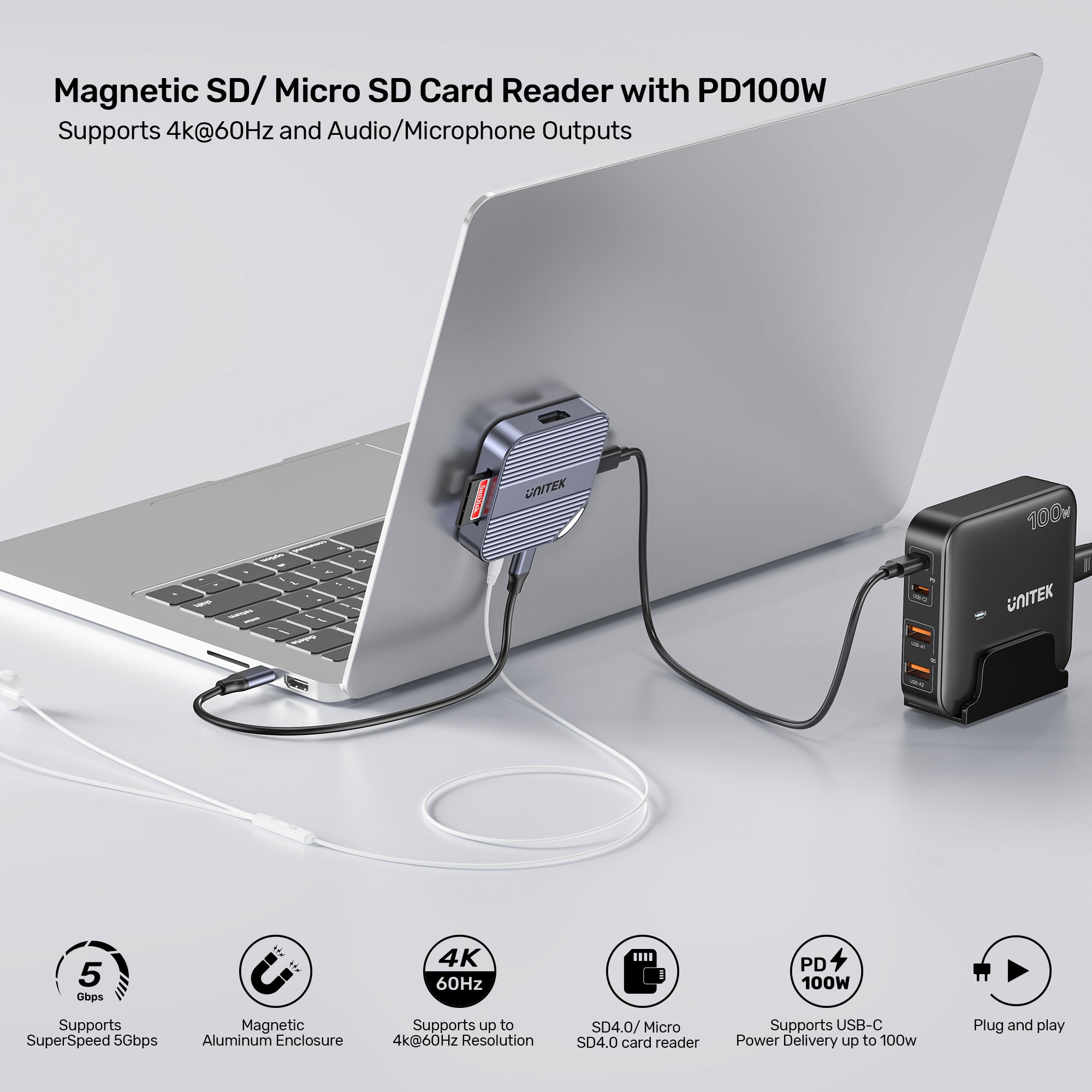 UNITEK S1244CGY01 Magnetic SD/ Micro SD Card Reader with PD100W - image 3