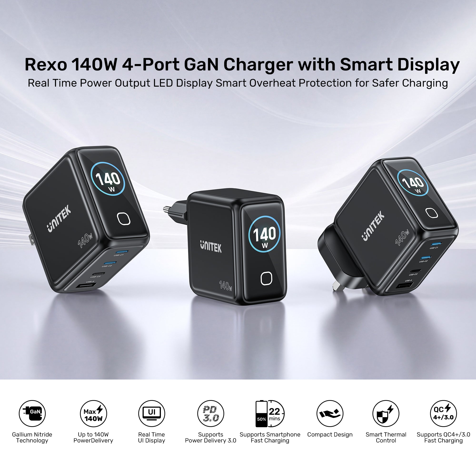 UNITEK P1132ABK01-EU Rexo 140W 4-Port GaN Charger with Smart Display - image 3