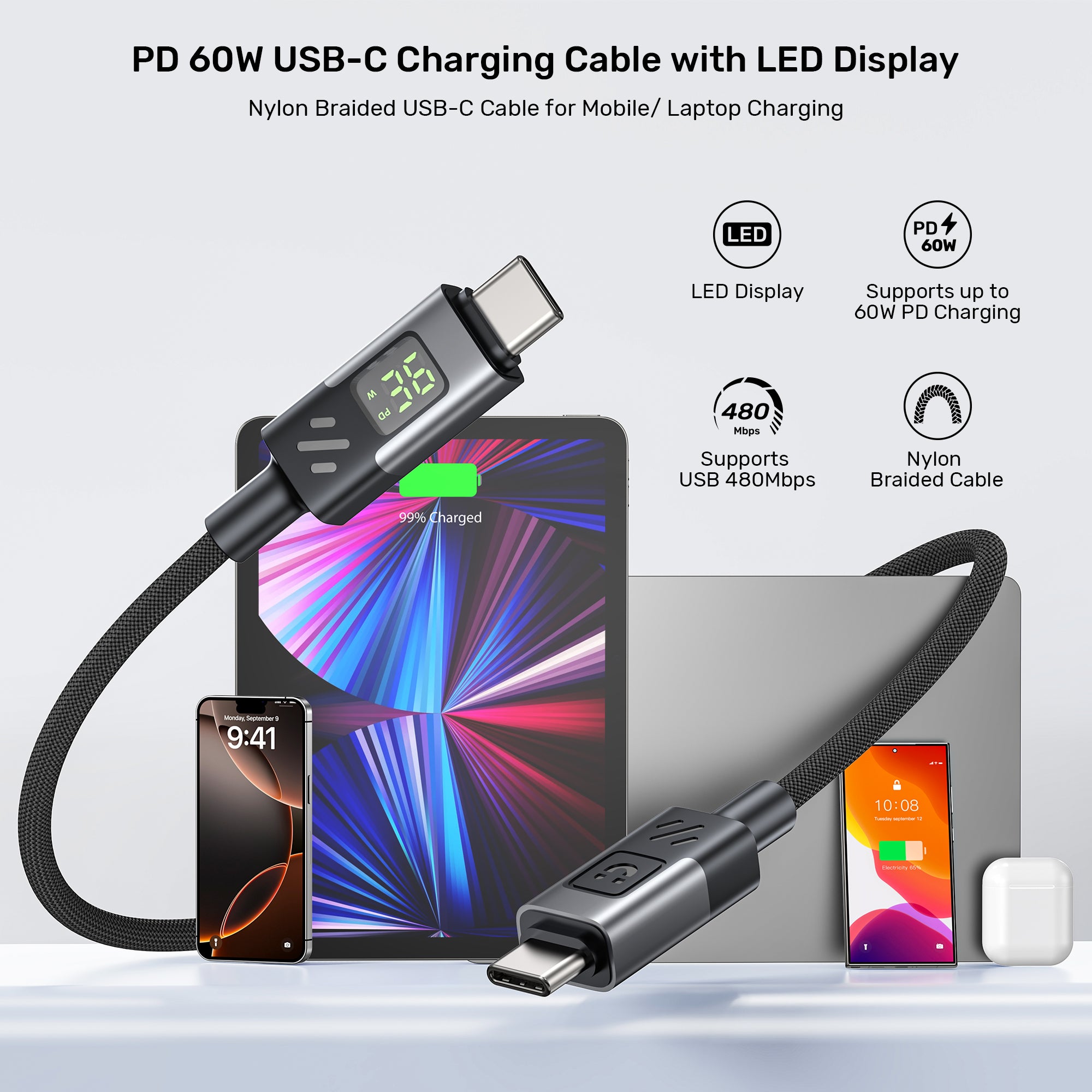 UNITEK C14158ABK01-1M PD 60W USB-C Charging Cable with LED Display 1M - image 3
