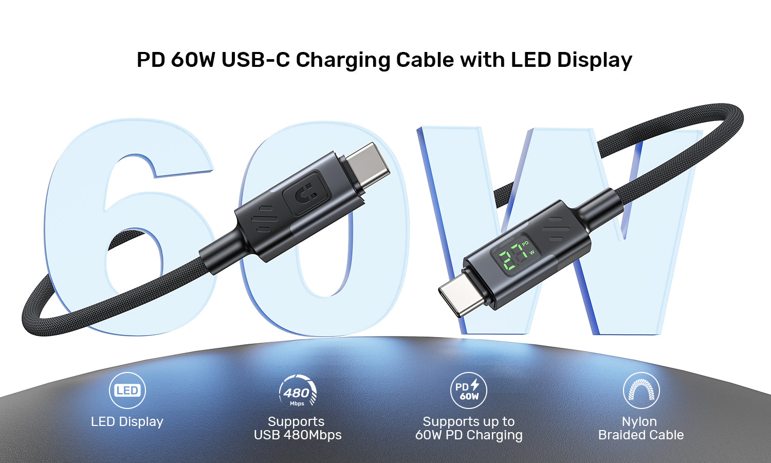 UNITEK C14158ABK01-1M USB-C Cable with LED Display 60W 1M - view 3
